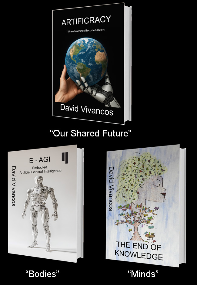 Book covers: Artificracy, E-AGI, The End of Knowledge