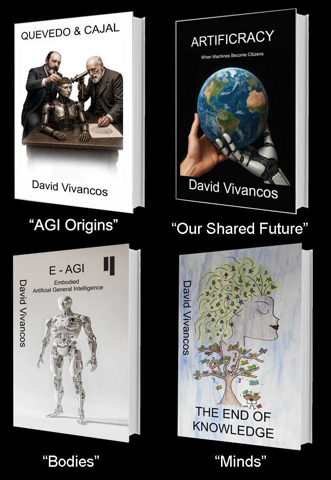 Book covers: Artificracy, E-AGI, The End of Knowledge